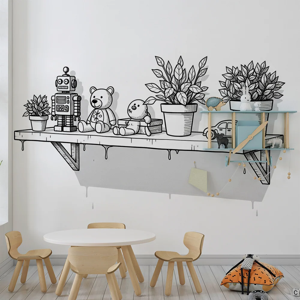 Papel de parede crianç | Estante lúdica com brinquedos e plantas em preto e branco
