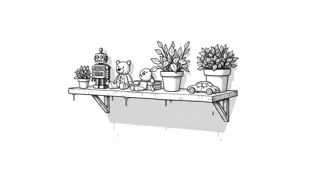 Papel de parede crianç | Estante lúdica com brinquedos e plantas em preto e branco