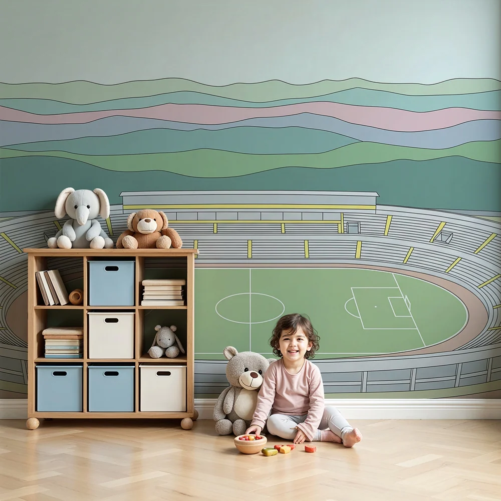 Papel de parede crianç | Estádio de futebol colorido com montanhas ao fundo