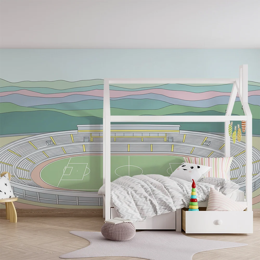 Papel de parede crianç | Estádio de futebol colorido com montanhas ao fundo