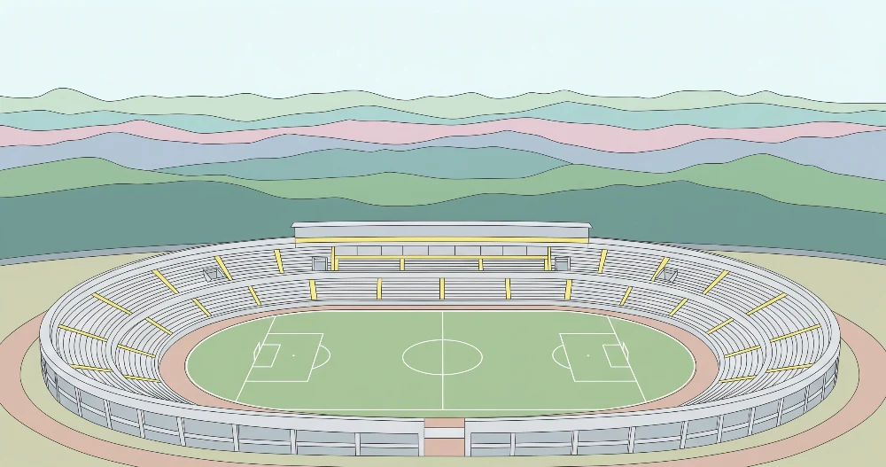 Papel de parede crianç | Estádio de futebol colorido com montanhas ao fundo