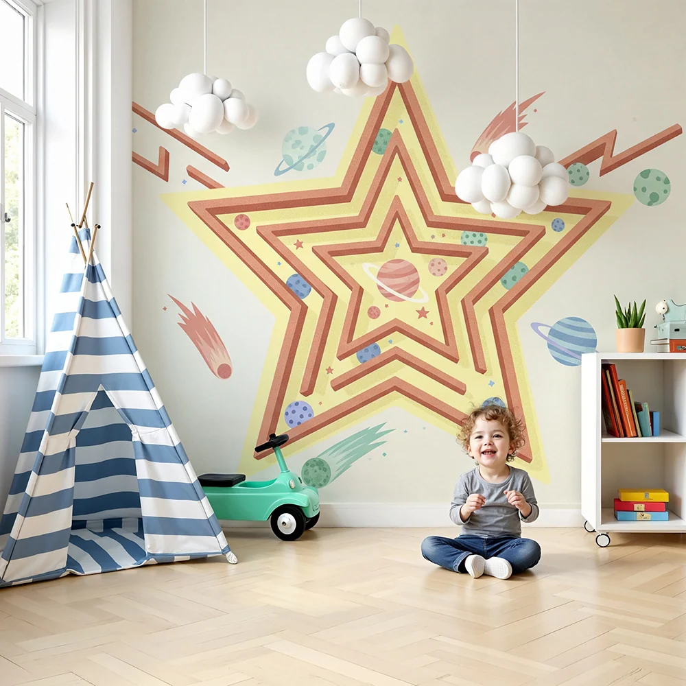 Papel de parede crianç | Estrela colorida com planetas e cometas