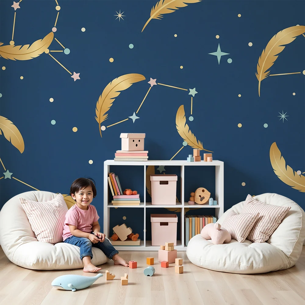 Papel de parede crianç | Estrelas douradas e penas em fundo azul noite