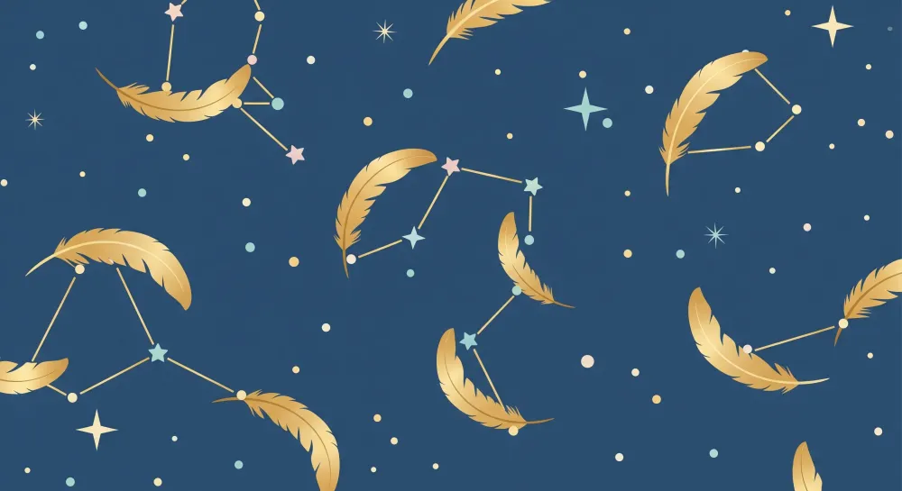 Papel de parede crianç | Estrelas douradas e penas em fundo azul noite
