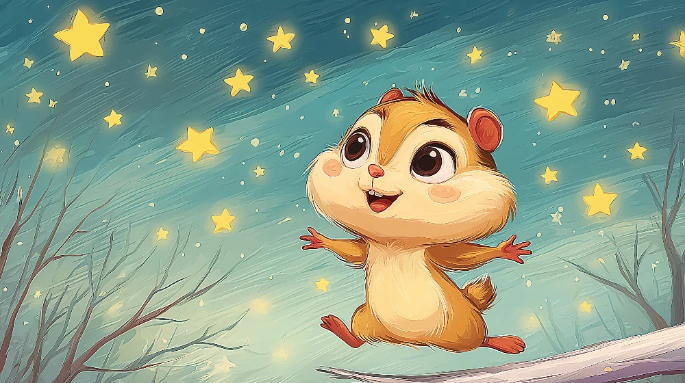 Papel de parede crianç | Estrelas e pequeno esquilo feliz