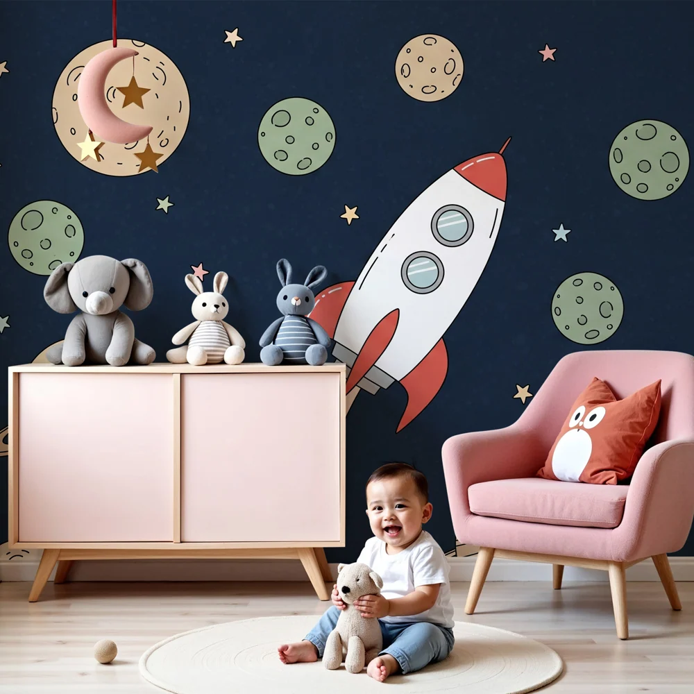 Papel de parede crianç | Exploração espacial com foguete e planetas em fundo azul