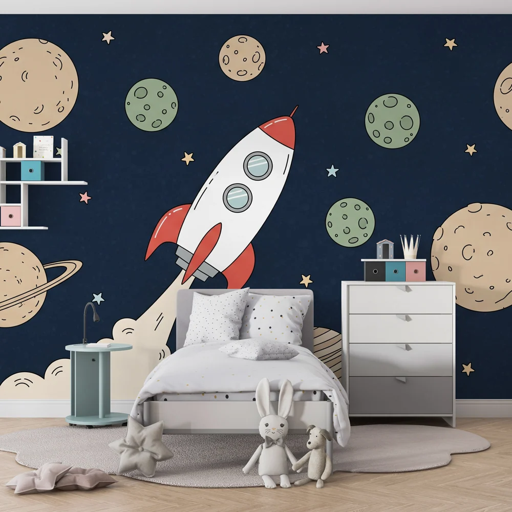 Papel de parede crianç | Exploração espacial com foguete e planetas em fundo azul