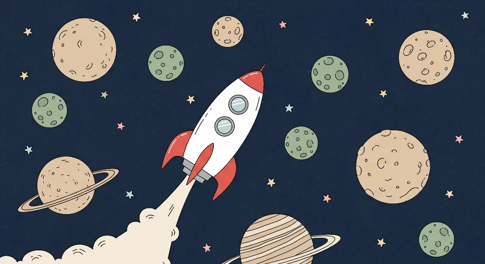 Papel de parede crianç | Exploração espacial com foguete e planetas em fundo azul