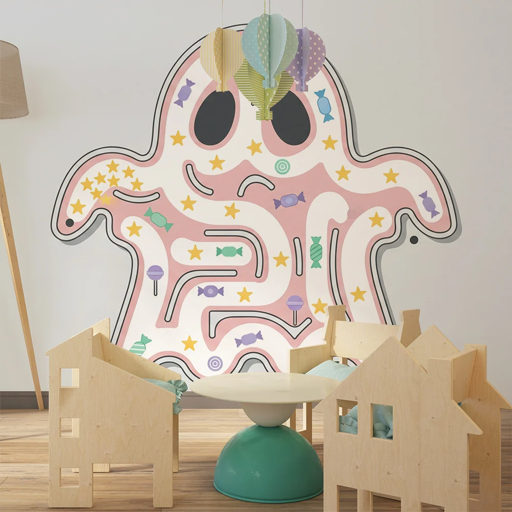 Papel de parede crianç | Fantasma lúdico com doces coloridos e estrelas