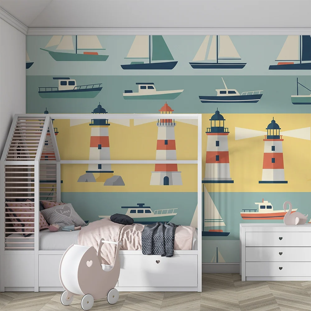 Papel de parede crianç | Farol colorido e barcos em fundo marinho