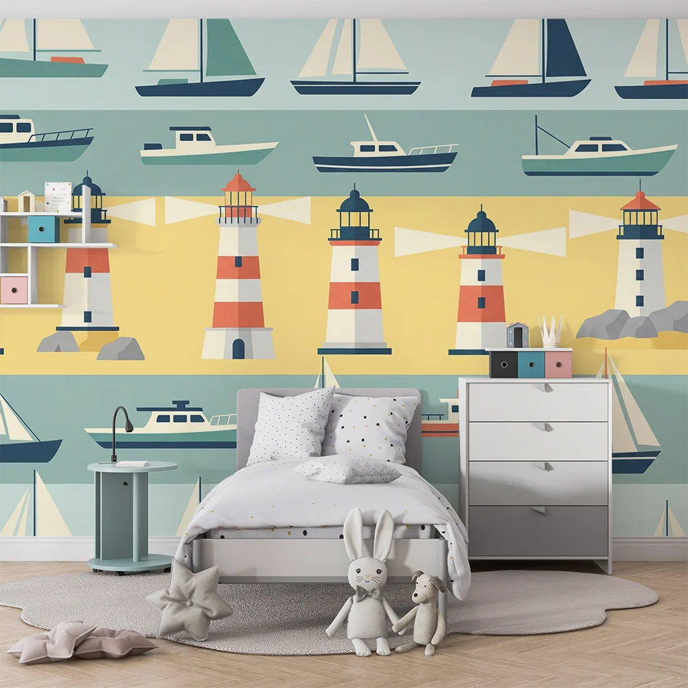 Papel de parede crianç | Farol colorido e barcos em fundo marinho