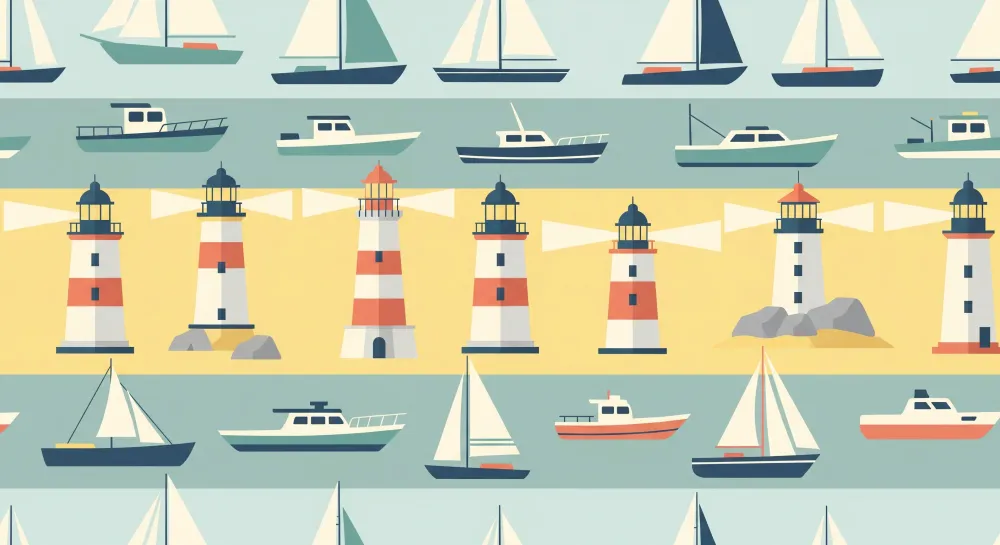 Papel de parede crianç | Farol colorido e barcos em fundo marinho