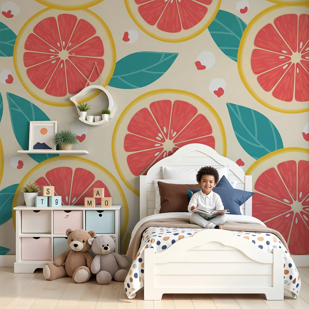 Papel de parede crianç | Fatias coloridas de toranja com folhas verdes