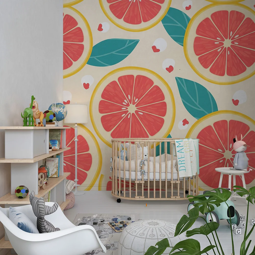 Papel de parede crianç | Fatias coloridas de toranja com folhas verdes