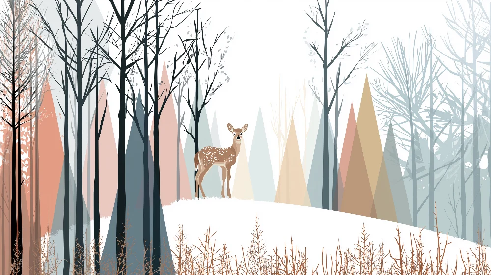 Papel de parede crianç | Fauna da floresta com um jovem veado e árvores estilizadas