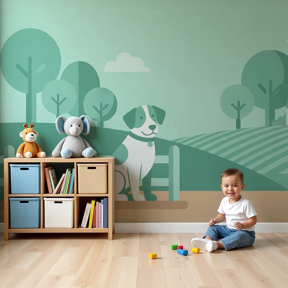 Papel de parede crianç | Cão feliz num cenário pastoral
