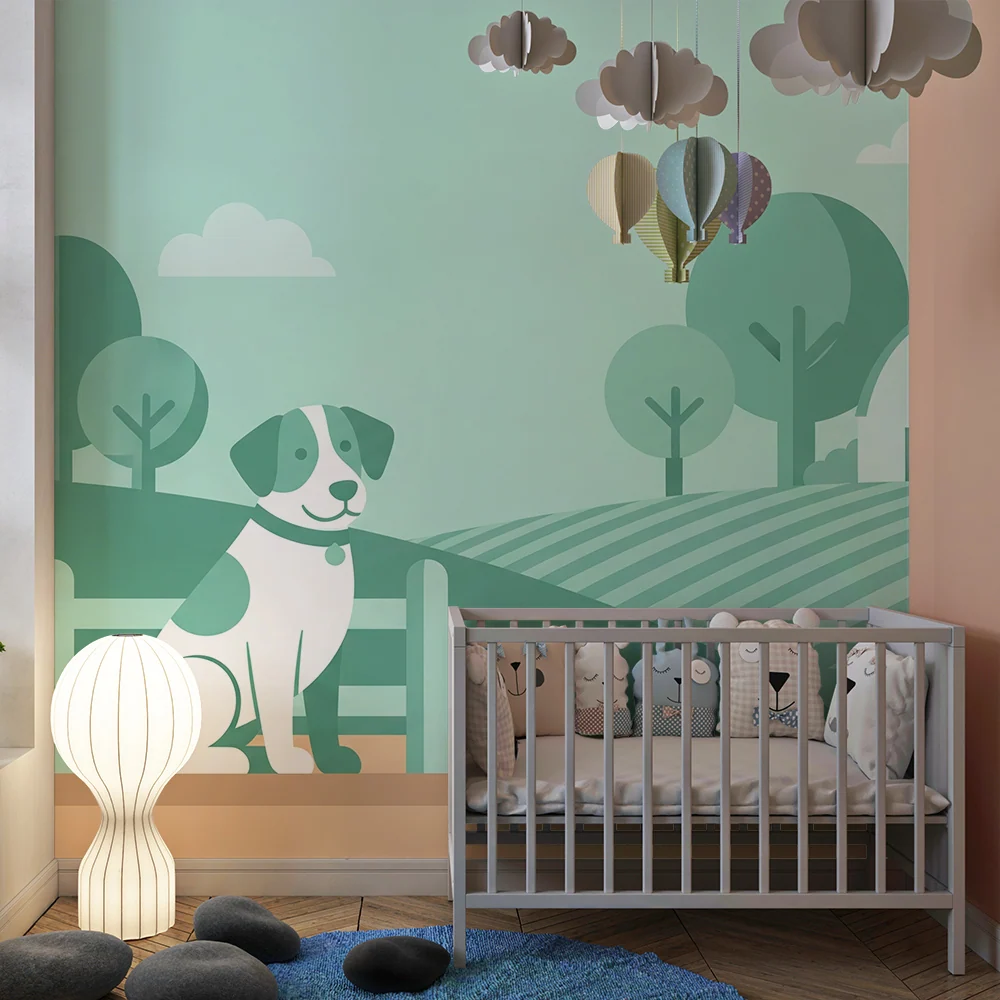 Papel de parede crianç | Cão feliz num cenário pastoral