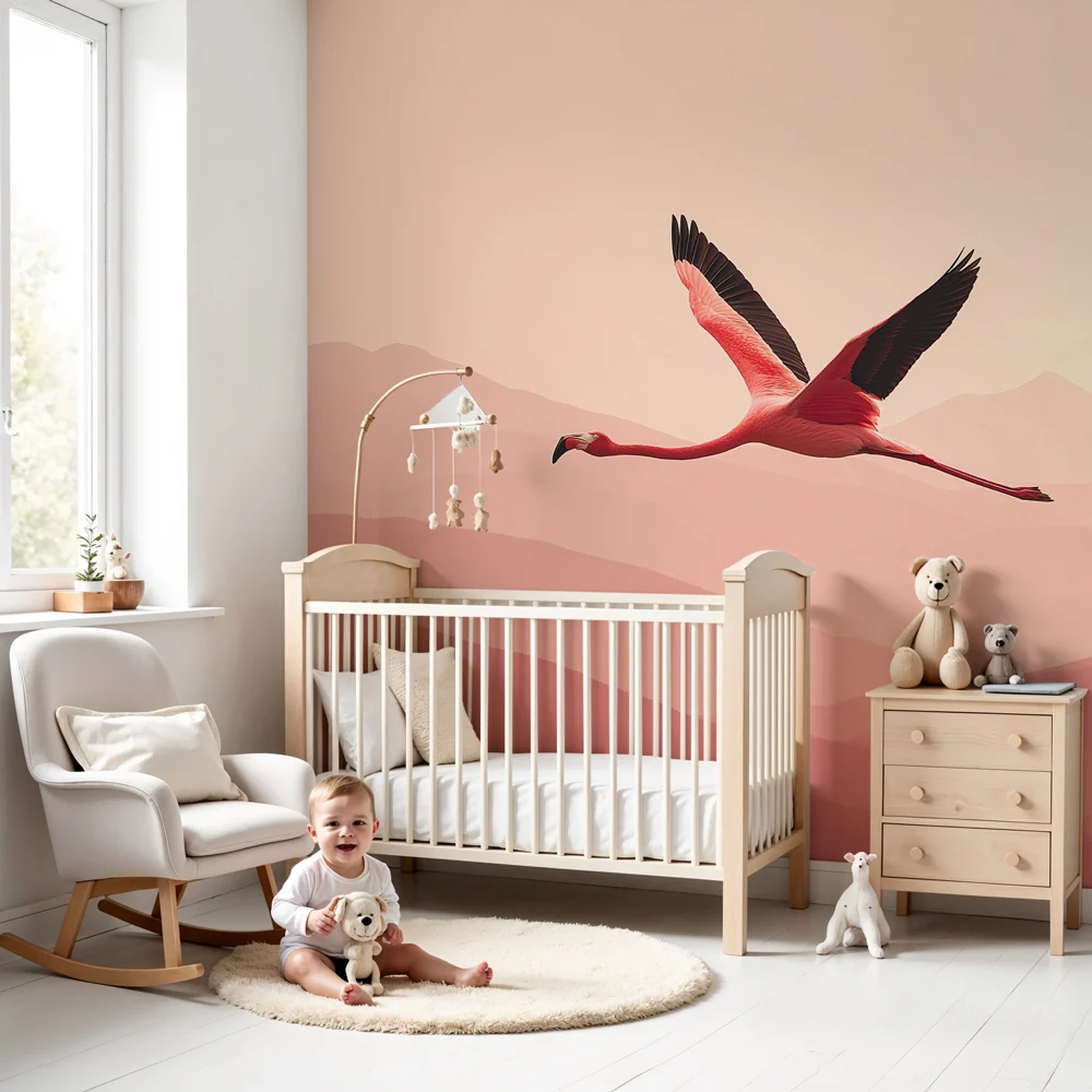 Papel de parede crianç | Flamingo rosa sobre fundo de montanhas suaves