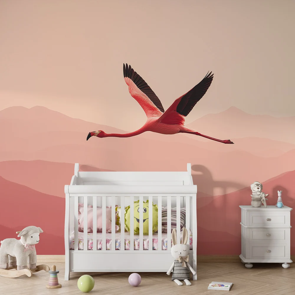 Papel de parede crianç | Flamingo rosa sobre fundo de montanhas suaves