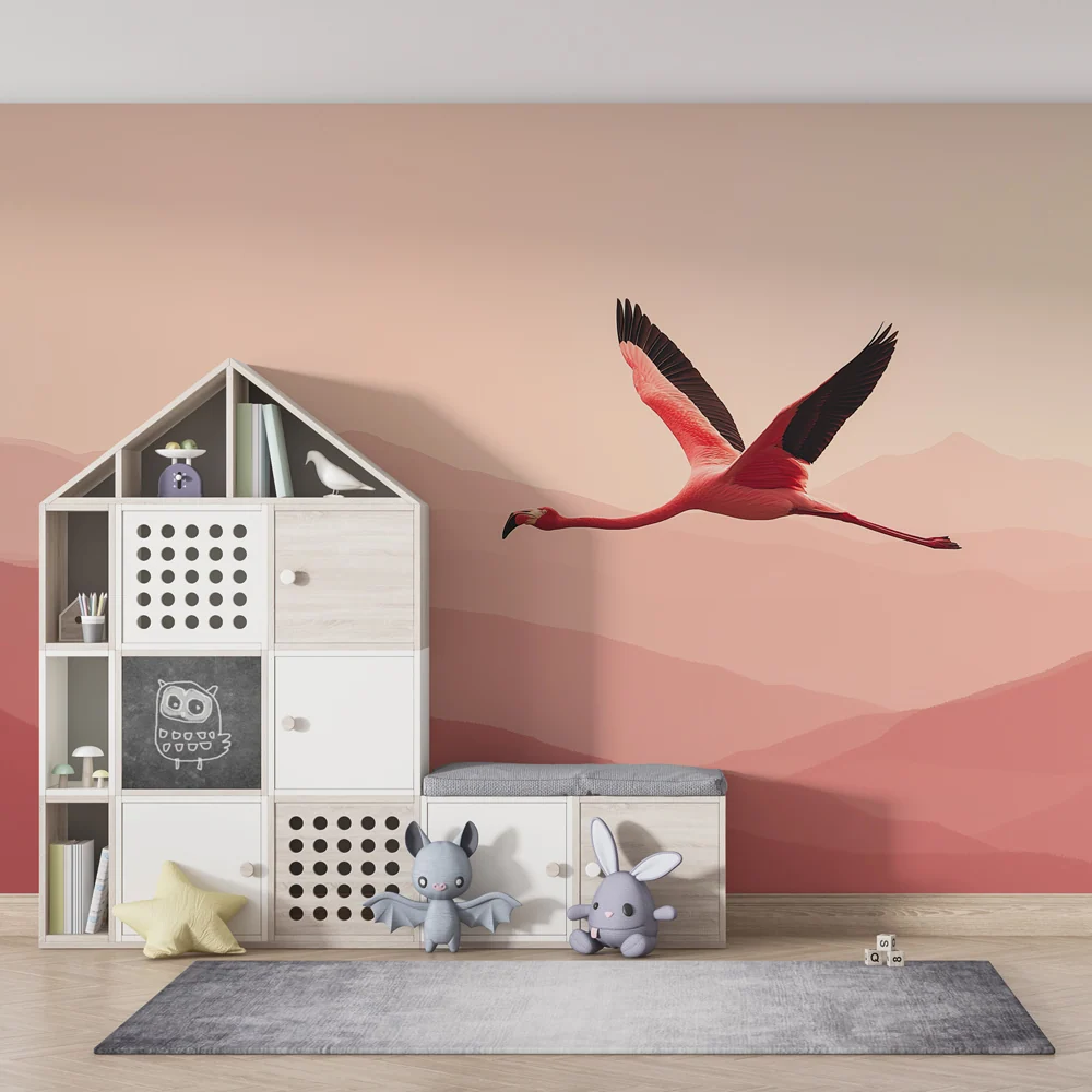 Papel de parede crianç | Flamingo rosa sobre fundo de montanhas suaves