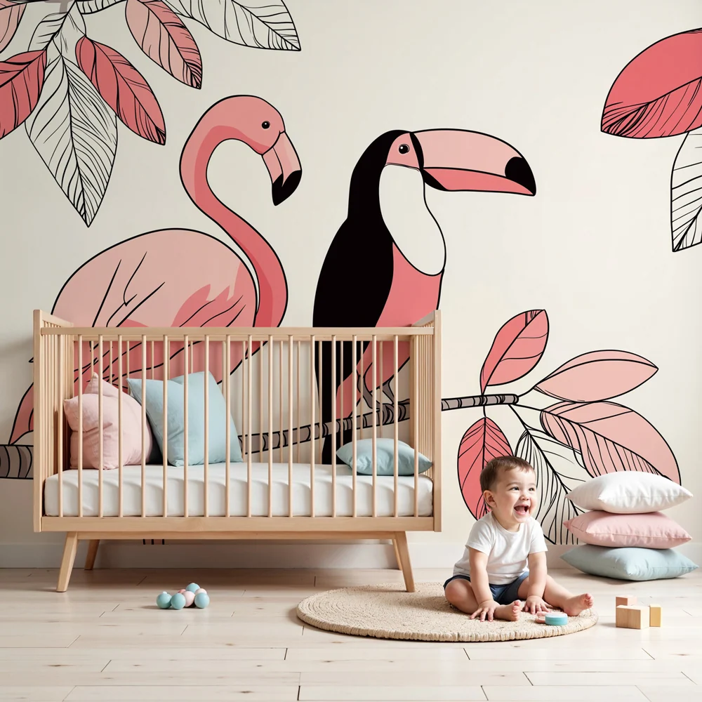 Papel de parede crianç | Flamingos e tucanos coloridos