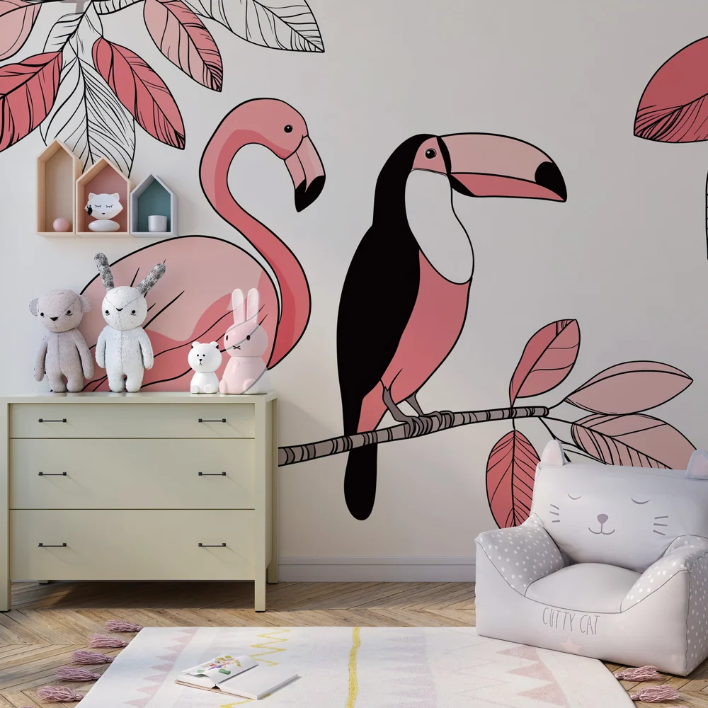 Papel de parede crianç | Flamingos e tucanos coloridos