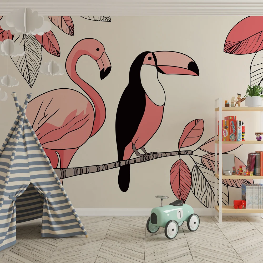 Papel de parede crianç | Flamingos e tucanos coloridos