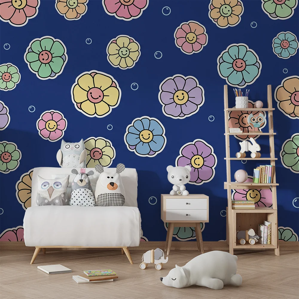Papel de parede crianç | Flores coloridas com rostos sorridentes em fundo azul