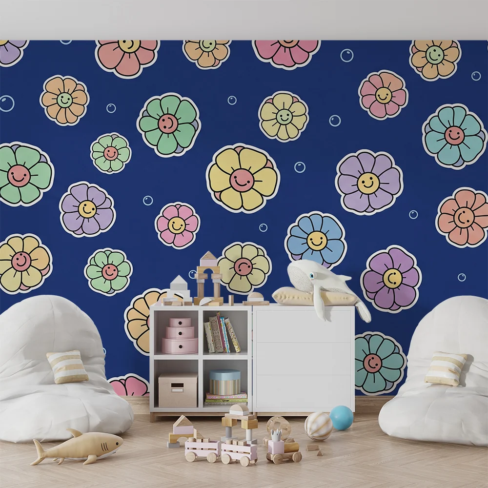 Papel de parede crianç | Flores coloridas com rostos sorridentes em fundo azul