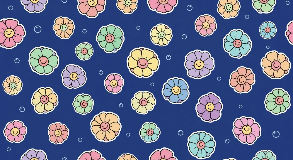 Papel de parede crianç | Flores coloridas com rostos sorridentes em fundo azul