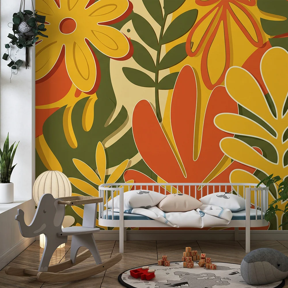 Papel de parede crianç | Flores e folhagens coloridas em tons quentes