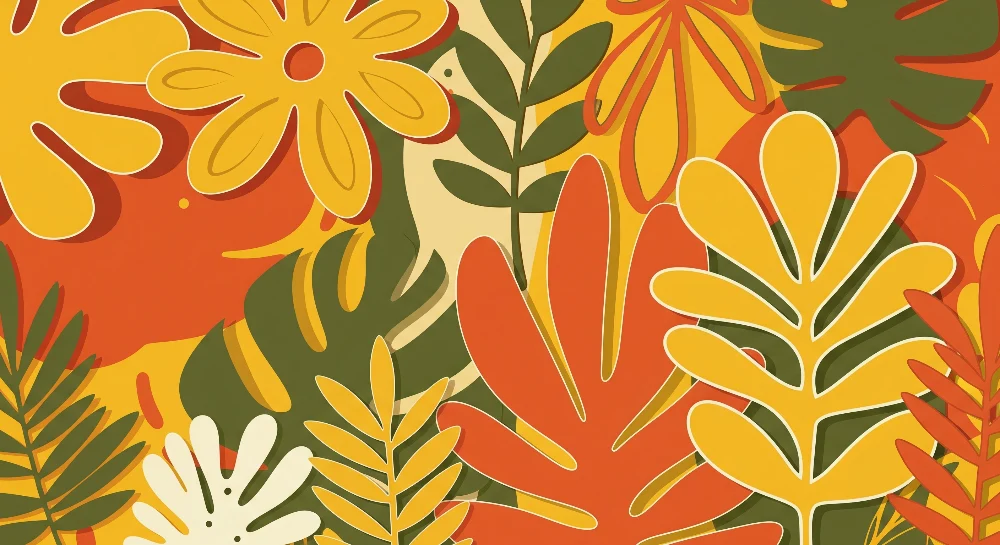 Papel de parede crianç | Flores e folhagens coloridas em tons quentes
