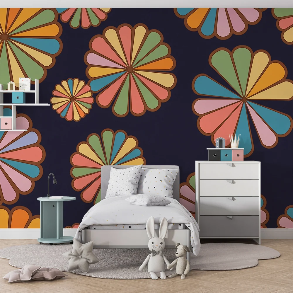 Papel de parede crianç | Flores multicoloridas e fundo escuro