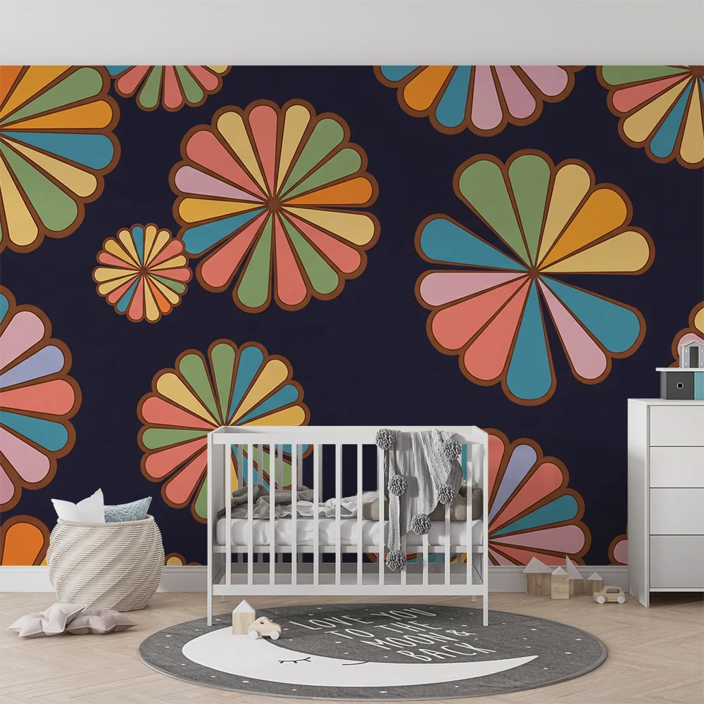 Papel de parede crianç | Flores multicoloridas e fundo escuro