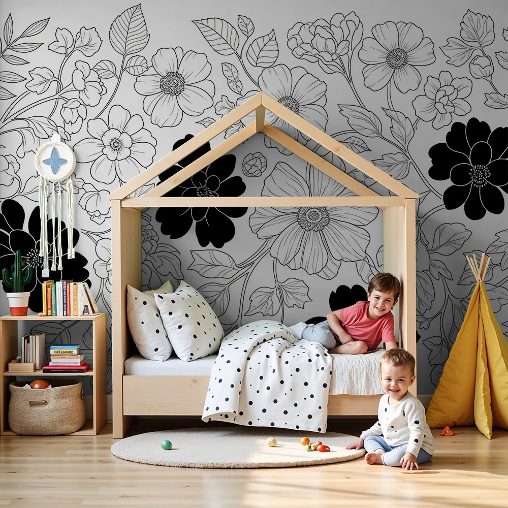 Papel de parede crianç | Flores em preto e branco com padrões delicados