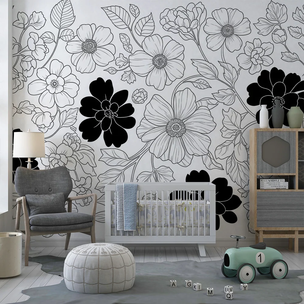 Papel de parede crianç | Flores em preto e branco com padrões delicados
