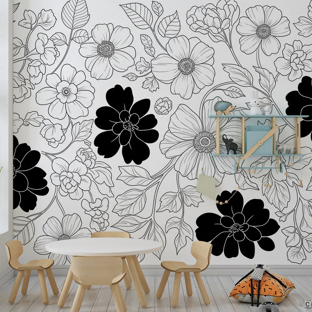 Papel de parede crianç | Flores em preto e branco com padrões delicados