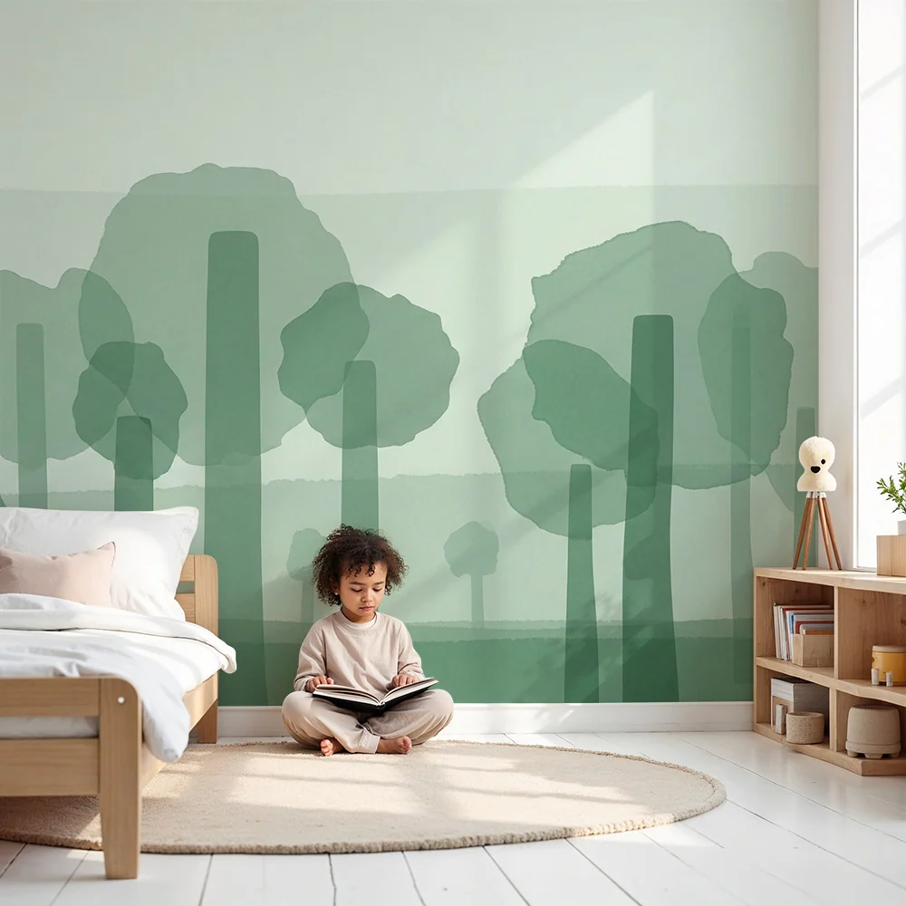 Papel de parede crianç | Floresta calmante com árvores estilizadas em tons de verde