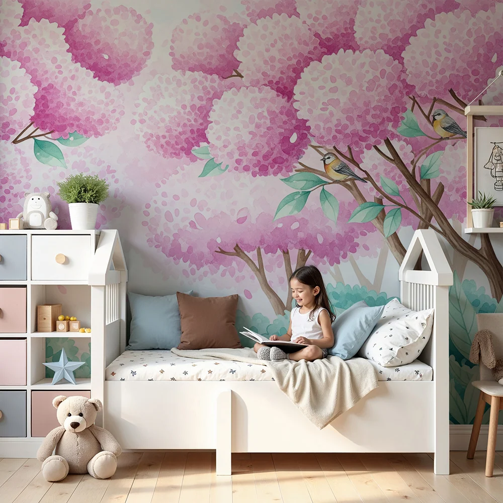 Papel de parede crianç | Floresta encantada com árvores cor-de-rosa e pássaros coloridos