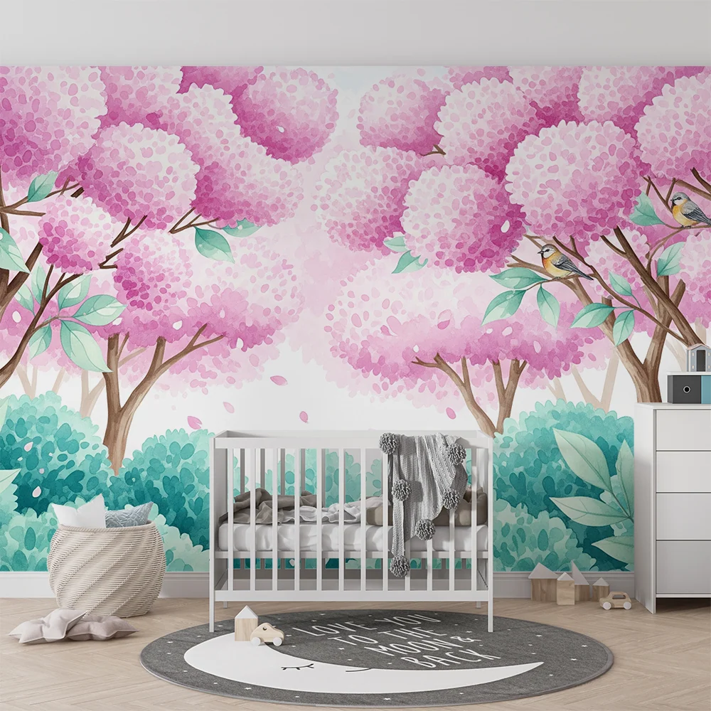 Papel de parede crianç | Floresta encantada com árvores cor-de-rosa e pássaros coloridos