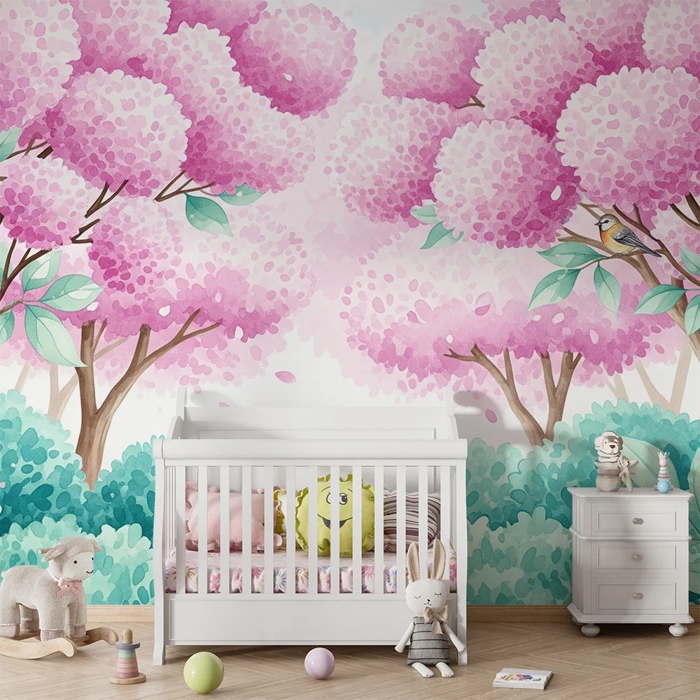 Papel de parede crianç | Floresta encantada com árvores cor-de-rosa e pássaros coloridos
