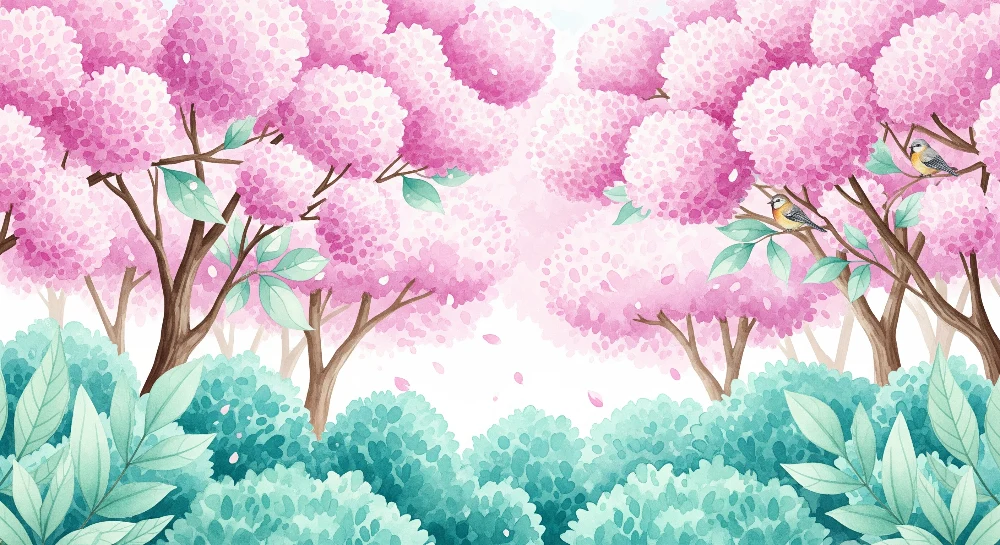 Papel de parede crianç | Floresta encantada com árvores cor-de-rosa e pássaros coloridos