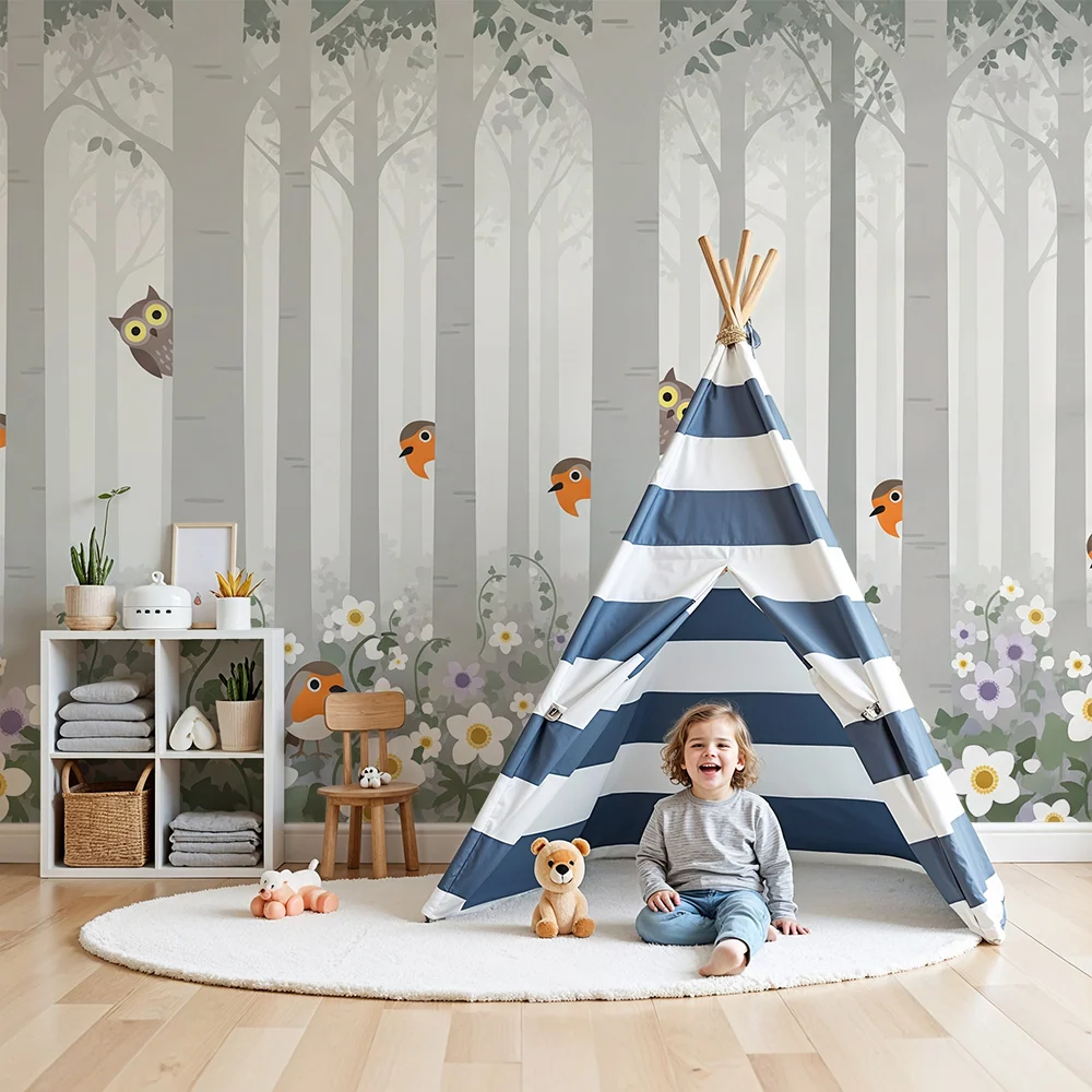 Papel de parede crianç | Floresta encantada com pássaros e flores coloridas