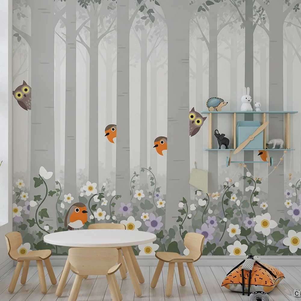 Papel de parede crianç | Floresta encantada com pássaros e flores coloridas