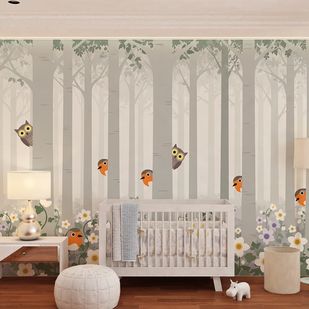 Papel de parede crianç | Floresta encantada com pássaros e flores coloridas