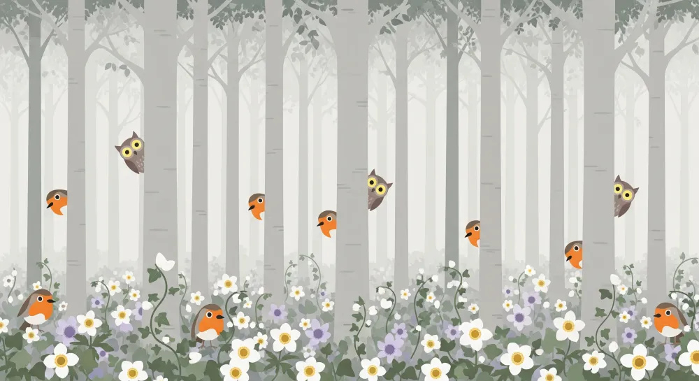 Papel de parede crianç | Floresta encantada com pássaros e flores coloridas