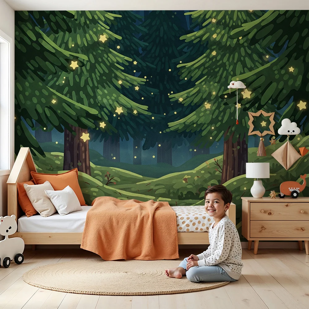 Papel de parede crianç | Floresta encantada com estrelas brilhantes