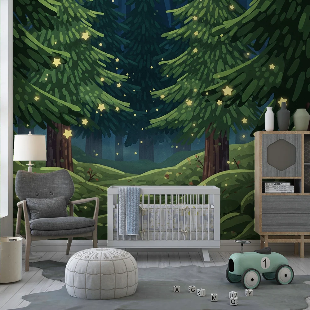 Papel de parede crianç | Floresta encantada com estrelas brilhantes