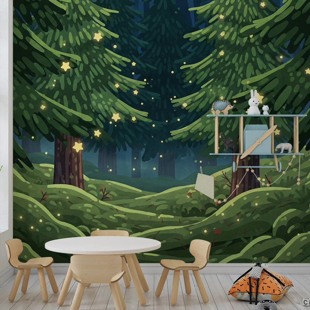 Papel de parede crianç | Floresta encantada com estrelas brilhantes