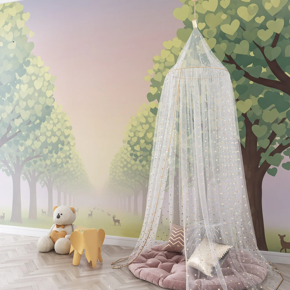 Papel de parede crianç | Floresta encantada com árvores em forma de coração e veados